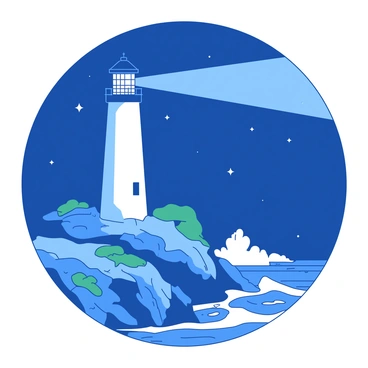A white lighthouse stands tall on a rocky cliff, surrounded by crashing waves under a deep blue night sky. The lighthouse beam cuts through the darkness, casting a bright light that reaches out across the ocean. The nearby rocks are wet from the sea spray, glistening in the light. Stars twinkle in the sky above, enhancing the scene. At the base of the lighthouse, there are patches of green grass contrasting with the rugged terrain, providing a sense of life amidst the powerful natural elements.