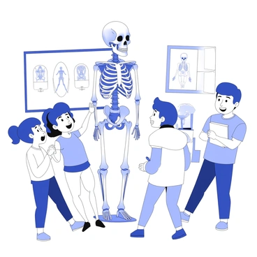 A group of cartoon characters gathered around a large skeleton model, learning about bones.