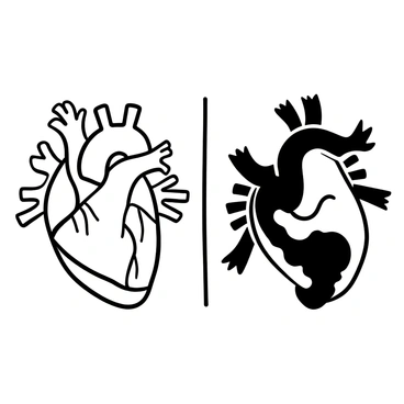 A split illustration featuring two distinct sections. On the left side, a detailed depiction of a "healthy heart," showcasing smooth, clean contours and well-defined arteries, with surrounding elements like vibrant blood vessels depicted with flowing lines. On the right side, an "inflamed heart" is illustrated with jagged edges and exaggerated swelling, surrounded by darkened areas to suggest inflammation. There is a dividing line in the center between the two contrasting hearts.