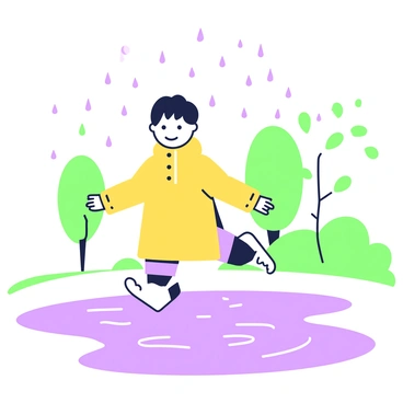 A child wearing a bright yellow raincoat is joyfully splashing in puddles. The child is jumping with both feet in the air, sending droplets of water flying in all directions. Around the child, there are several large puddles reflecting the gray sky above. The rain is falling gently, creating ripples on the surface of the puddles. The child has short, dark hair that is slightly damp from the rain. In the background, there are a few trees with green leaves, and the ground is wet and shiny from the rain. The scene captures the excitement and playfulness of the moment.