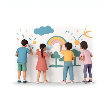 A group of four children, two boys and two girls, are gathered around a large blank wall, actively painting a vibrant mural. The first boy, wearing a blue t-shirt and green shorts, is using a brush to add a bright blue sky. The second girl, with braids and wearing a red dress, is painting a colorful rainbow with a big smile on her face. The second boy, dressed in a yellow t-shirt and denim overalls, is sketching large trees and animals, while the other girl, wearing a pink shirt and purple leggings, is drawing a rocket ship blasting off. Paint splatters cover their hands and clothes, showing their excitement and creativity as they collaborate on their imaginative masterpiece.