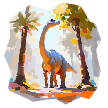 A large brachiosaurus with a long neck and a massive body is reaching up to eat leaves from the treetops. The dinosaur's skin is a muted greenish-brown, with lighter spots along its back. Its front legs are tall and sturdy, supporting its weight as it stretches toward the lush foliage above. Surrounding the brachiosaurus are a variety of trees with thick trunks and expansive leaves, creating a dense canopy. The scene captures the height difference between the dinosaur and the tall trees, emphasizing its impressive size in the prehistoric landscape.