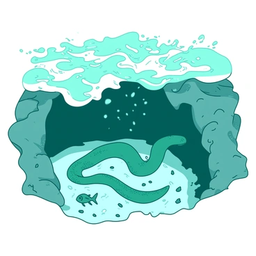 A teal moray eel is coiled within a crevice of a rocky underwater reef. The reef is partially concealed by swirling white sand and debris stirred up by the turbulent ocean storm. Above the eel, choppy waves create chaotic patterns on the surface, with droplets of water splashing intermittently. The eel's body is sleek and shimmering, contrasting with the rough textures of the surrounding rocks and the turbulent environment. Small fish dart in and out of the reef, seeking refuge alongside the moray eel as currents swirl around them.