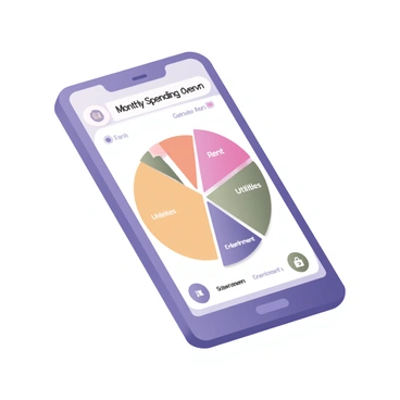 A digital flat illustration of a mobile app interface displaying a pie chart. The pie chart is divided into several segments, each representing different spending categories such as "Groceries," "Rent," "Utilities," and "Entertainment." Each segment is colored distinctly, with the category labels clearly marked in white text. The background of the mobile app is a soft light blue, and the mobile device has a sleek design with rounded edges. The screen of the mobile app also shows a small header at the top with the title "Monthly Spending Overview" in bold letters. There are small icons next to each category, such as a shopping cart for groceries and a movie camera for entertainment, enhancing the visual representation of the data.