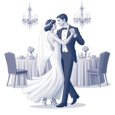 A bride and groom dressed in 1920s wedding attire are sharing a dance in a vintage setting. The bride is wearing a lace gown with intricate detailing and a delicate veil, while the groom is dressed in a classic black tuxedo with a bow tie. They are positioned center stage, surrounded by elegantly decorated tables with fine china and floral arrangements. The atmosphere is filled with an air of romance as the couple smiles at each other, lost in the moment of their dance. In the background, vintage chandeliers hang low, casting soft light over the scene, enhancing the overall celebratory ambiance.