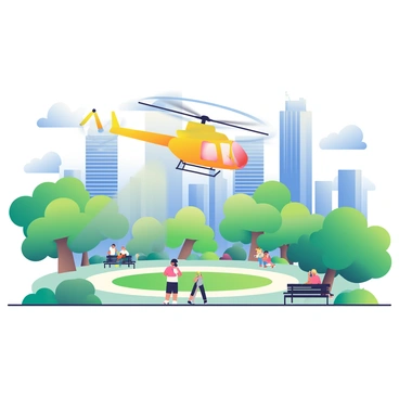 A large, bright yellow helicopter is descending toward a grassy area in the center of a sprawling city park. The helicopter's rotors are spinning rapidly, creating a slight disturbance in the air around it. Below, there are numerous trees with lush green leaves providing shade, and a few benches are positioned around the park. In the background, tall skyscrapers with reflective glass facades rise up against a clear blue sky. A group of people are watching the helicopter, some taking photos with their phones, while others are casually enjoying the park's atmosphere.