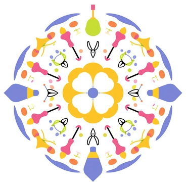 A mandala featuring an intricate pattern composed of various musical notes and instruments. The design includes treble clefs, eighth notes, and quarter notes interwoven throughout the circular shape. A variety of instruments such as guitars, trumpets, and drums are arranged symmetrically around the center. The mandala is colorful, with each instrument and musical note in different vibrant hues, creating a lively and harmonious appearance. The overall layout is balanced, drawing the eye towards the center where the most detailed elements converge.