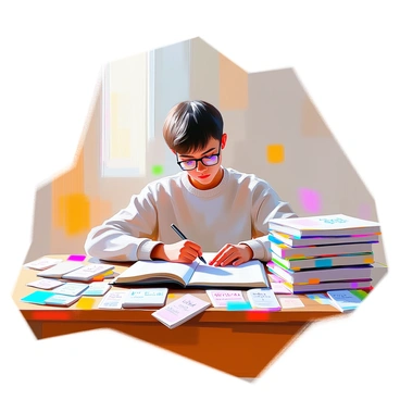 A focused student with medium skin tone, wearing glasses and a comfortable sweater, is sitting at a wooden desk cluttered with an assortment of colorful language flashcards and textbooks. The student has an open notebook in front, with handwritten notes and doodles. Books of various sizes are stacked around, some open to reveal text in a foreign language. The room is softly lit, creating a warm atmosphere that highlights the effort being put into language learning.