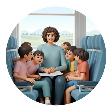 A passenger, a middle-aged woman with curly brown hair, is sitting on a bus, surrounded by a group of attentive children. She is wearing a light blue sweater and dark jeans. The bus has fabric-covered seats in blue and gray, and the windows are slightly fogged from the inside. The children, a mix of boys and girls, are sitting in a semi-circle around her, their eyes wide with interest. One child, a boy in a red shirt, is leaning forward, eager to hear the story. The other children are smiling and giggling, creating a lively atmosphere. Outside the bus window, soft green fields and distant mountains can be seen, hinting at the long journey ahead.
