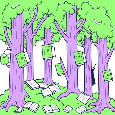A dense forest filled with towering trees, where instead of leaves, books hang from the branches. Each book displays various math equations on their covers in intricate designs. The trunks of the trees are thick and gnarled, providing a sturdy base for the books. Sunlight filters through the canopy formed by the books, casting dappled light onto the forest floor. The ground is covered with soft moss and scattered fallen books, creating a unique landscape of knowledge and nature intertwined.