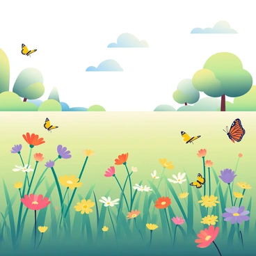 A wide sunlit meadow filled with a variety of wildflowers in vibrant colors, including yellow, purple, and red. The flowers are swaying gently in the breeze under a clear blue sky. Several butterflies in different species are fluttering about the meadow, including orange and black monarchs as well as yellow swallowtails. In the background, a few green trees provide shade, and the sunlight casts soft shadows across the ground, enhancing the warmth of the scene. The grass is lush and green, creating a rich carpet for the wildflowers to thrive.