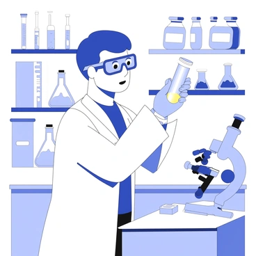 A scientist is standing in a laboratory, focused on a glowing chemical inside a test tube held in one hand. The scientist is wearing a white lab coat, protective goggles resting on their head, and is observing the chemical with a look of concentration. The lab is filled with various scientific equipment, including beakers, flasks, and a microscope on the table. There are shelves lined with labeled jars containing different substances in the background. The glowing chemical emits a bright light, illuminating the scientist's face and casting shadows around the lab.