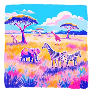 A savannah scene features tall, golden grass waving gently in the breeze. Scattered throughout the landscape are acacia trees with broad canopies, their silhouettes forming the shape of a hashtag. In the foreground, there are a few elephants with large ears standing next to a group of zebras with distinct black and white stripes. A pair of giraffes can be seen in the background, their long necks reaching for the leaves of the acacia trees. The sky is a brilliant blue with a few fluffy white clouds.