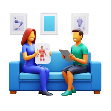 A therapist with a warm smile explaining the benefits of sports massage to an interested athlete. The therapist is wearing a professional outfit, while the athlete is dressed in athletic clothing, looking attentive and engaged. They are seated on a comfortable couch in a well-lit room, with a few sports posters on the walls. The therapist holds a diagram illustrating muscle groups, pointing at it to emphasize their explanation. The athlete nods, showing interest as they take notes on a tablet.