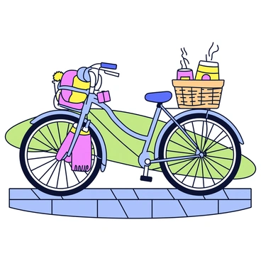 A bicycle basket made of woven straw sits securely on the handlebars. Inside the basket, there is a colorful woolen cap with a pom-pom on top, placed neatly beside a pair of matching knitted gloves. Next to the gloves, a sleek thermos filled with hot chocolate stands upright, with a small swirl of steam rising from the top. The bicycle itself is parked on a charming cobblestone path, with a soft green park in the background.