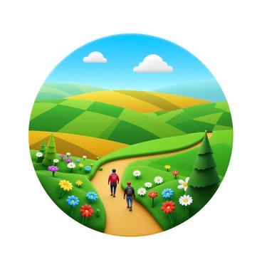 A scenic hiking trail with a winding path through lush greenery. The trail is flanked by vibrant wildflowers in various colors. In the background, rolling hills stretch out, showcasing patchwork fields of green and gold. A clear blue sky with a few fluffy clouds overhead. A couple of hikers can be seen walking along the trail, enjoying the natural beauty surrounding them.