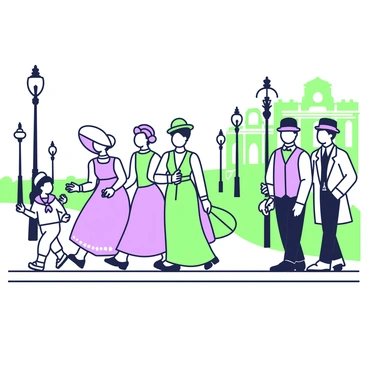 A group of people is walking along a historic promenade. The individuals are wearing vintage clothing from different eras, including long dresses and suits. One woman has a parasol and a wide-brimmed hat, while a man beside her sports a bowler hat and a vest. A child in a sailor suit runs ahead, holding a small toy. In the background, there are traditional lampposts lining the walkway, and ornate buildings with detailed architecture visible on either side of the promenade.