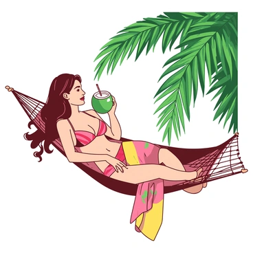 A woman with long flowing hair is lounging on a hammock made of woven fabric in a tropical setting. She is wearing a vibrantly patterned bra and a matching sarong that drapes elegantly around her. In her right hand, she holds a green coconut with a straw, and she is taking a sip of the refreshing coconut water. Lush green palm leaves surround the hammock, creating a tranquil atmosphere. The sunlight filters through the leaves, casting soft shadows on the woman as she relaxes.