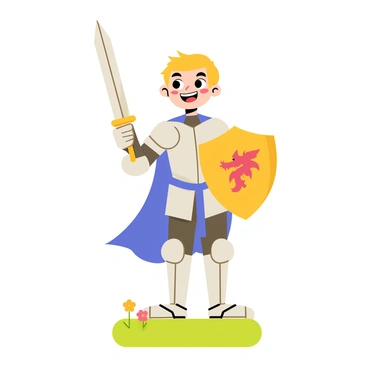 A cartoon boy dressed as a knight, wearing shiny silver armor that covers his chest and arms. The boy has a bright blue cape flowing behind him. He is holding a large wooden sword in one hand, raised confidently in the air. His other hand grips a round wooden shield, which features a red emblem of a dragon in the center. The boy has a determined expression on his face, with wide eyes and a big smile, ready for an adventure. He stands on a patch of green grass, with a few colorful flowers scattered around him.
