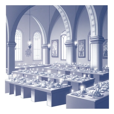 A large hall with high, arched ceilings and intricate stonework. The atmosphere is illuminated by numerous "floating candles" that seem to hover in midair, casting soft light across the room. Long wooden tables are set in rows, each laden with a lavish "feast," featuring an array of dishes including roasted meats, fruits, and loaves of bread. The tables are adorned with ornate tableware and goblets, enhancing the festive scene. On the walls, there are banners and tapestries that add to the grandeur of the setting.