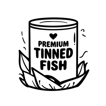 A tinned fish can with sleek, smooth lines, prominently displayed on the can's surface. The design features glowing accents that enhance its modern appearance. The text on the can reads "Premium Tinned Fish," in a bold font positioned centrally. Surrounding the can, there are stylized fish scales forming a pattern to emphasize the product's aquatic origin. A minimalist background serves to highlight the futuristic aspects of the can.