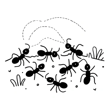 A cluster of ants crawling across a textured surface, each ant depicted with distinct body segments and legs. Some ants are positioned with their antennae raised, appearing to touch one another, indicating communication. A series of curved lines illustrating pheromones emanate from certain ants, creating a visual pathway among the group. Surrounding the ants, small details of the environment such as grains of soil and blades of grass enhance the context of their natural habitat.