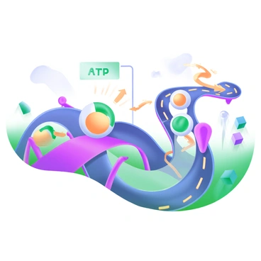 A scene depicting a highway constructed from "ATP molecules." The highway is intricately designed, with each ATP molecule represented as a colorful, spherical structure, showcasing the phosphate groups. Alongside the highway, "fast energy transfer" is illustrated with arrows and light streaks, indicating swift movement. The environment features a cellular backdrop, with stylized organelles like mitochondria and ribosomes visible in the distance.