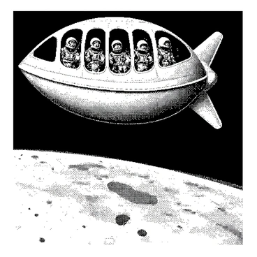 A whimsical spaceship is flying above a flat Earth. The spaceship has a rounded, cartoonish design, complete with oversized windows. Inside the spaceship, several astronauts are positioned at the windows, gazing out with expressions of wonder. The astronauts are wearing classic space suits, featuring helmets and various gadgets. Below, the flat Earth landscape stretches out, with simple geometric shapes representing land and water, along with small, cartoon-like trees and hills.