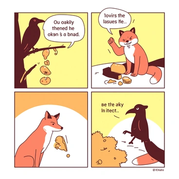 A four-panel comic strip depicting the key events of the fable featuring "the crow" and "the fox." In the first panel, a black crow is perched on a tree branch, holding a shiny piece of cheese in its beak. The background is a soft yellow, suggesting the time of day is morning. In the second panel, a cunning orange fox is sitting at the base of the tree, looking up at the crow with a sly smile. The fox is raising its front paw, gesturing as if to compliment the crow. The background remains yellow. In the third panel, the crow, feeling flattered, opens its beak to sing, which causes the cheese to drop. In this panel, the area around the crow is highlighted in white to emphasize the moment of distraction. In the fourth panel, the fox catches the piece of cheese in its mouth, grinning triumphantly, while the crow looks disappointed above. The background in this panel transitions back to yellow.