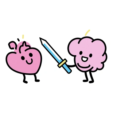 A cartoon heart, with a bright red color and a smiling face, stands on the left side of the image. It is holding a shiny sword with a golden hilt. On the right side, a cartoon brain, pink and slightly rounded, has an expressive face and is gripping a silver sword with a blue handle. The heart and brain face each other, ready for battle, with a determined look in their eyes. The background is simple, focusing solely on the two characters and their swords.