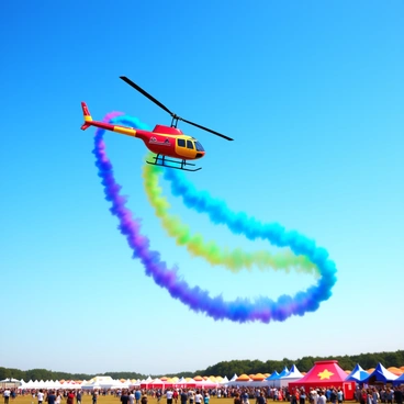 An R66 helicopter flying through the air at an airshow festival. The helicopter is painted in vibrant colors, and it is leaving behind colorful smoke trails as it maneuvers. The sky is clear and blue, providing a striking backdrop for the helicopter's performance. The festival grounds are visible below, with spectators watching in awe. The colorful trails twist and turn elegantly, enhancing the dynamic scene.