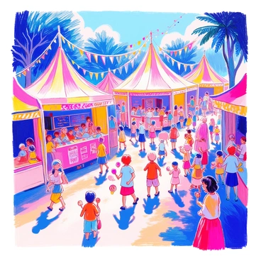 A lively summer festival scene with sharp illustrations of colorful tents and cheerful crowds.