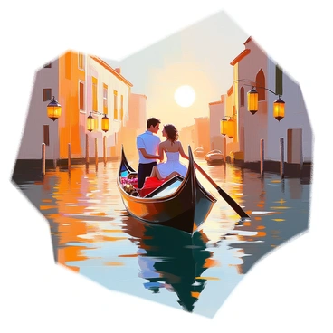 A romantic gondola ride through the canals of Venice is beautifully depicted. The gondola is gliding smoothly over the shimmering water, with a gondolier in traditional attire steering with a long oar. Flanking the canal are historic buildings with intricate architecture, their facades reflecting in the water. A couple is seated in the gondola, embracing each other as they enjoy the picturesque surroundings. The scene captures the warm glow of the setting sun, casting golden hues across the sky and illuminating the water, creating a dreamy atmosphere. Decorative lanterns hang from the gondola, adding to the romantic ambiance.