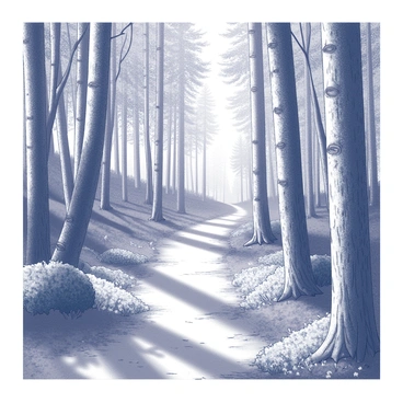 A forest path winding through a densely wooded area. Tall trees with intricate bark patterns create a natural canopy overhead. The ground is covered with a mix of leaves and patches of wildflowers, adding texture to the scene. The path is well-defined, leading the viewer's eye deeper into the forest. Sunlight filters through the branches, casting dappled shadows on the ground.