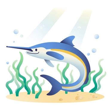 A marlin with a sleek, elongated body and a vibrant blue color is swimming gracefully through a field of floating seaweed. Its long bill is pointed forward, and its fins are outstretched, showcasing its agility in the water. The seaweed is a rich green, with strands gently swaying with the motion of the water, creating an underwater tapestry. Streams of light filter down from the surface, illuminating the marlin and casting shimmering reflections on the sandy ocean floor below. Bubbles rise around the marlin as it glides effortlessly through its natural habitat.
