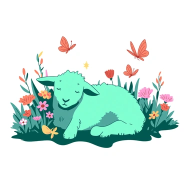 A teal lamb is lying peacefully in a lush meadow filled with colorful flowers. The lamb has soft, fluffy wool and bright eyes. Surrounding the lamb, several orange butterflies are fluttering gracefully in the air. The flowers in the meadow include various shapes and sizes, creating a vibrant scene around the lamb. The sunlight casts a warm glow over the entire meadow, enhancing the cheerful atmosphere.