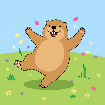 A cute groundhog with soft brown fur is joyfully dancing in a vibrant green field. The groundhog has a wide smile on its face, and its little paws are raised in the air as it moves. Colorful flower petals in shades of pink, yellow, and purple swirl around it, floating gently in the breeze. The field is dotted with various wildflowers, and the bright sunlight casts playful shadows on the ground. The sky above is a clear blue, enhancing the cheerful atmosphere of the scene.