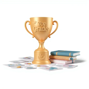 A shiny gold trophy, standing tall, is engraved with the words "Top Grades" in elegant lettering. The trophy features intricate designs on its surface, depicting symbols of academic achievement. Surrounding the trophy are scattered papers filled with handwritten notes and colorful charts, along with a stack of textbooks on one side, showcasing covers with various subjects such as mathematics, science, and literature. The setting conveys a sense of accomplishment and hard work in academia.