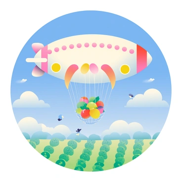 An airship with a large, round body and colorful patterns is floating among fluffy white clouds in a bright blue sky. The airship has two large propellers on either side, gently rotating. Below, there is a vibrant green landscape with rows of cultivated crops in a sky farm, visible through gaps in the clouds. The airship's net is filled with various fruits and vegetables that it has collected from the clouds, and small puffs of vapor are being released as it hovers. A few small birds are flying nearby, adding life to the scene.