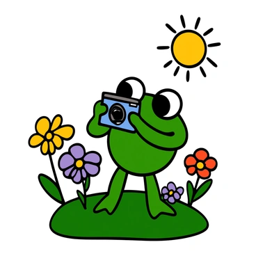 A green frog with big eyes is holding a small camera, capturing images of a vibrant meadow. The meadow is filled with a variety of wildflowers in colors such as yellow, purple, and red. The frog stands on a patch of soft grass, with some wildflowers surrounding it. The sun is shining brightly, illuminating the scene and making the colors of the flowers pop. The frog looks excited, focusing intently on the beautiful landscape through its camera lens.