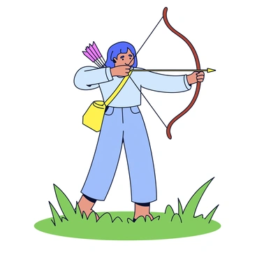 An archer in a focused stance is drawing a bow with precision. The archer wears a simple outfit with a quiver of arrows slung over one shoulder. The bow is elegantly shaped, with a taut string ready to release an arrow. Surrounding the archer is a grassy field, with tufts of green grass swaying gently in the breeze. The sky above is clear and blue, providing a bright backdrop to the scene.