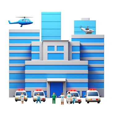 A busy city hospital with tall, modern buildings. The hospital features a large helipad on the roof, with a helicopter landing on it. Medical staff in scrubs and nurses rush around, attending to patients and carrying medical equipment. Ambulances are parked at the entrance, with emergency lights flashing. A clear blue sky stretches above, adding to the scene in a bustling urban environment.