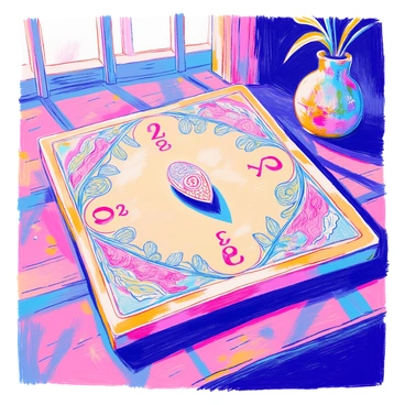 A Ouija board is displayed prominently on a wooden table. The board features intricate flowing lines and ornate designs surrounding the letters and numbers. The color palette consists of soft pastel hues, including pale pinks, greens, and blues. The planchette is elegantly crafted, with a teardrop shape and an intricate pattern etched into its surface. Light reflects off the polished wood of the table, enhancing the delicate details of the board. In the background, subtle hints of vintage decor suggest an atmosphere of mystery and intrigue.