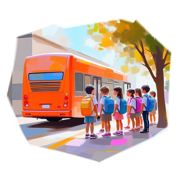 A group of children with diverse hair colors and styles are eagerly lining up to board a bright red double-decker bus. They are wearing colorful backpacks and school uniforms, with expressions of joy and anticipation on their faces. The bus is parked at a school entrance, with tall trees in the background providing a natural setting. Some children are chatting animatedly, while others are gazing at the bus in excitement. The atmosphere is lively, filled with the sounds of laughter and chatter as the children prepare for their school field trip.