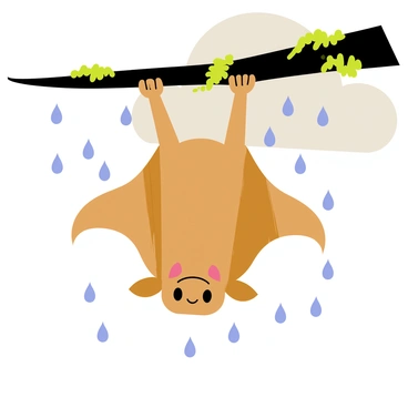 A brown bat hanging upside down from a dark, wet branch with green moss clinging to it. The bat has folded wings and its fur appears glossy from the rain. Clear raindrops are falling around it, some landing on the branch and others splashing off. The background features a muted, cloudy sky, creating a sense of a rainy environment.