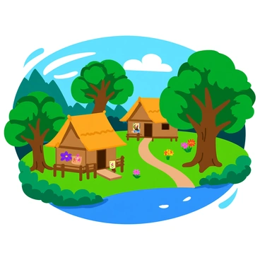 A small indigenous village built on stilts above the ground. The wooden structures have thatched roofs and are surrounded by greenery. Tall trees with broad leaves create a dense canopy overhead, filtering sunlight that casts dappled shadows on the forest floor. Colorful flowers bloom amidst the foliage, adding vibrant splashes of color. A calm river flows nearby, reflecting the blue sky. The village includes a small pathway leading to a central gathering area where traditional artifacts are displayed.