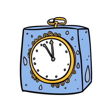 An ornate clock frozen in a block of ice, the hands stopped in time