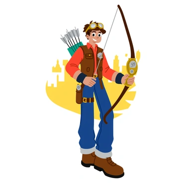 A steampunk archer with a bow adorned with gears and cogs