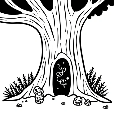 A large tree trunk with a gnarled texture, featuring a mysterious door carved into its side. The door is adorned with intricate, glowing inscriptions that appear to swirl and dance. Surrounding the base of the tree, there are lush ferns and small mushrooms, adding a sense of depth to the forest floor. A faint mist envelops the area, enhancing the enchanting atmosphere. The scene draws attention to the door, as if inviting "Alice" to step forward and enter.