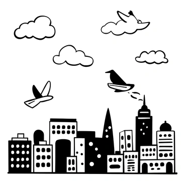 Fluffy clouds shaped like various animals and objects drift above a bustling city skyline. One cloud resembles a bird with outstretched wings, while another takes the form of a large ship sailing through the sky. Below, the city is filled with tall buildings, each with distinct architectural details, and streets bustling with activity. The clouds' whimsical shapes create a playful contrast against the structured lines of the city below.